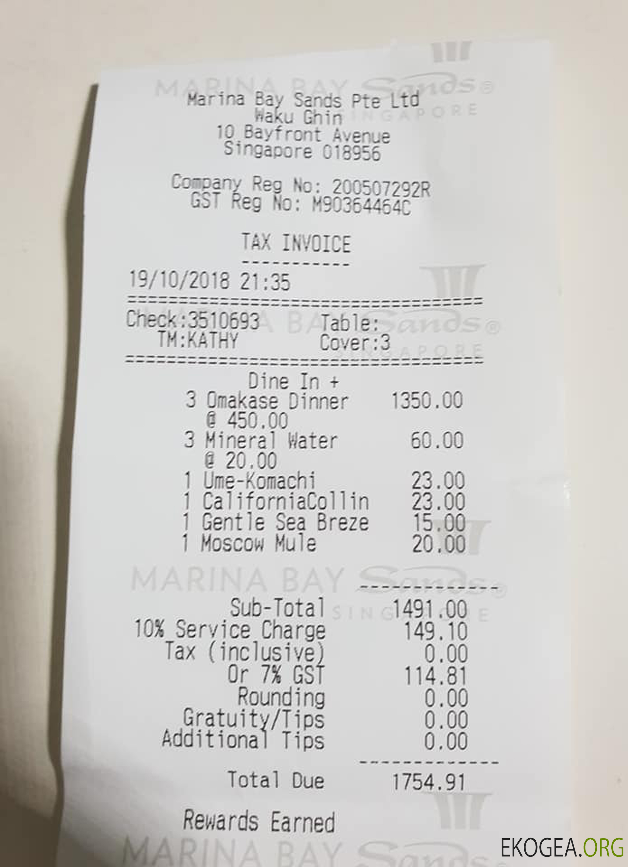 Chèque de paiement de Marina Bay Sands